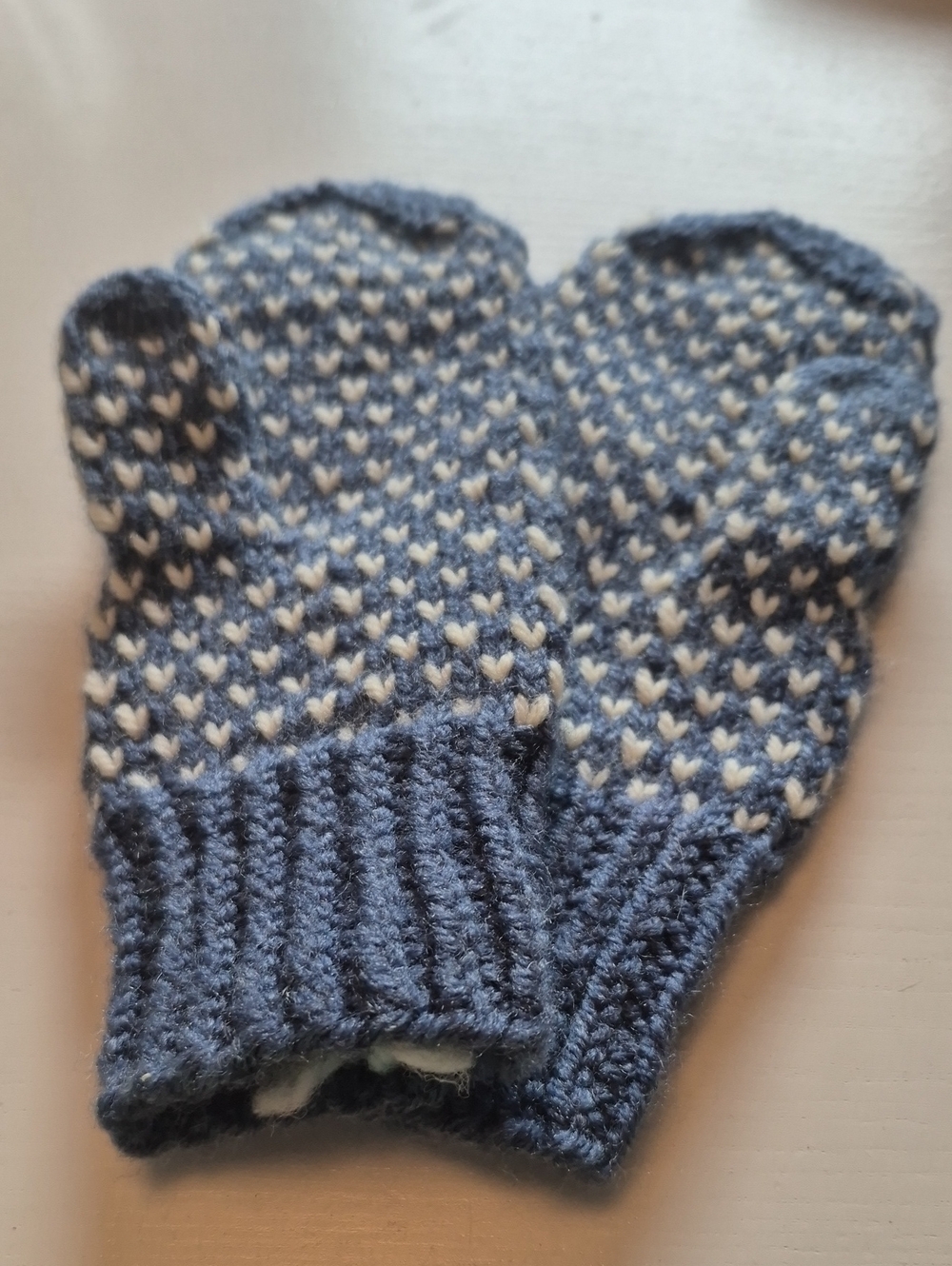 Hand-Knit Blue and Cream  Wool Mittens